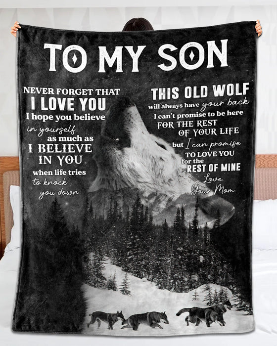 Personalized Blanket To My Son From Mom Never Forget That I Love You Print Wolf Family Fleece Blanket Custom Name