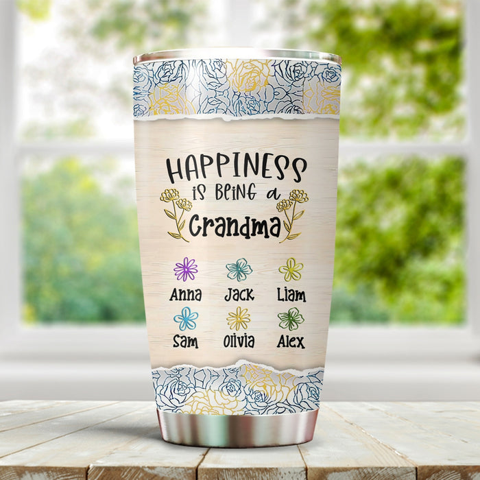 Personalized Tumbler Gifts For Grandma Happiness Is Being Flower Wooden Custom Grandkids Name Travel Cup Birthday