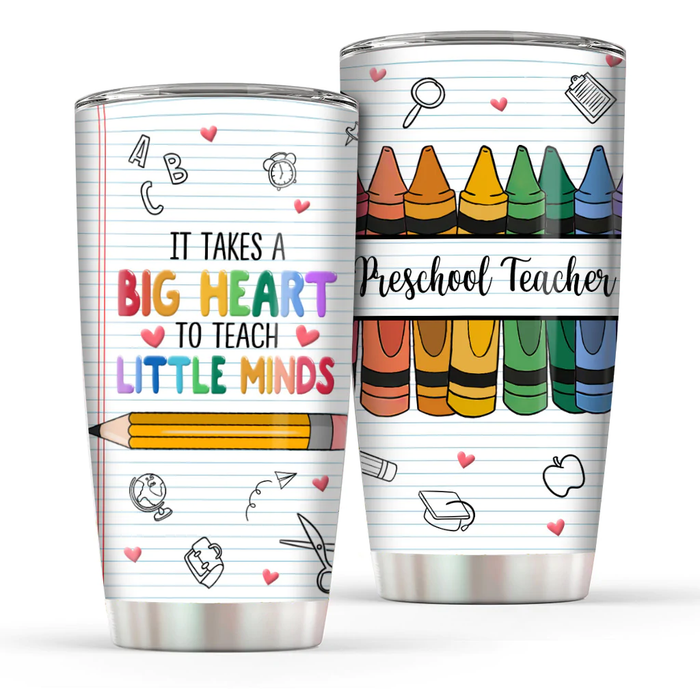 Personalized Tumbler For Teacher It Takes Big Heart To Teach Pencil Crayons Gifts For Back To School 20oz Travel Cup