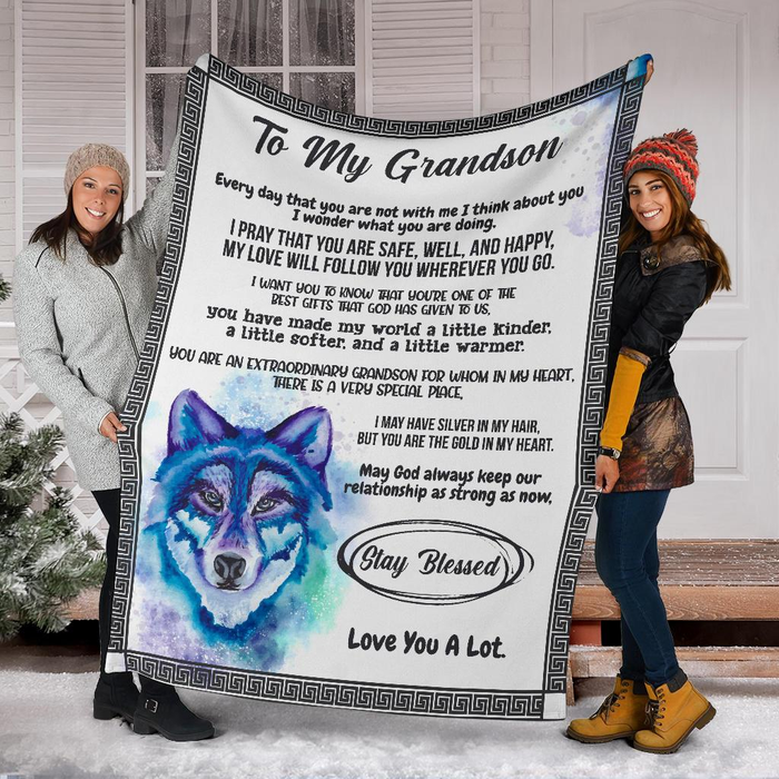 Personalized Fleece Blanket To My Grandson Watercolor Blue Wolf Design Prints Customized Name Throw Blankets