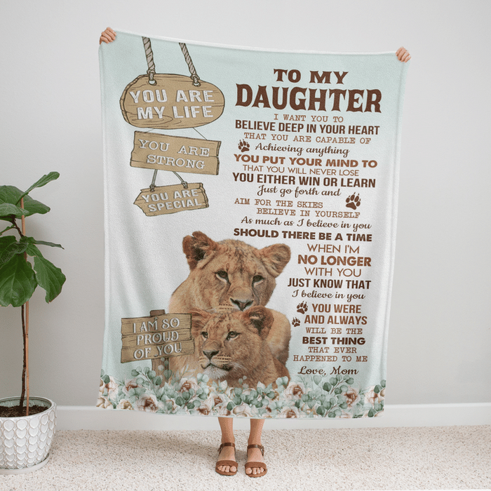 Personalized Premium Blanket To My Daughter Wood Sign & Lion Hugged Fleece Blankets Custom Name