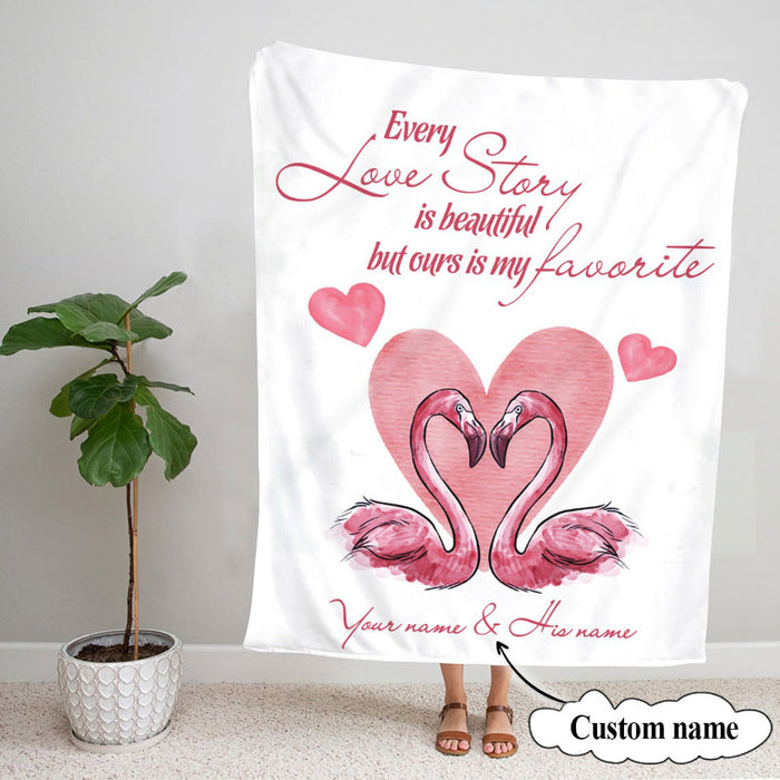 Personalized Valentine Blanket For Husband & Wife Flamingo Couple Love Story Fleece Blankets Custom Name