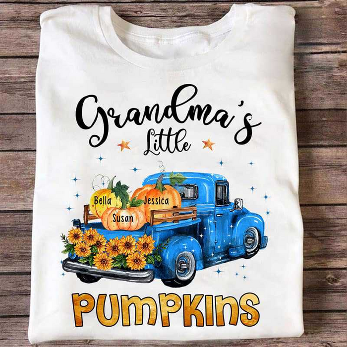 Personalized T-Shirt Grandma's Little Pumpkins Blue Truck With Pumpkin & Sunflower Printed Custom Grandkids Name