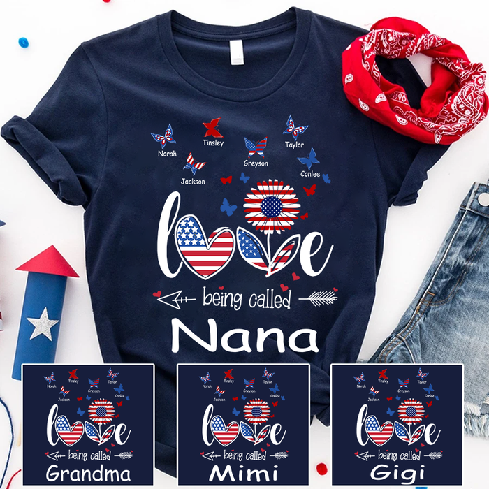 Personalized T-Shirt For Grandma Love Being Called Nana US Flag Sunflower & Butterfly Printed Custom Grandkids Name