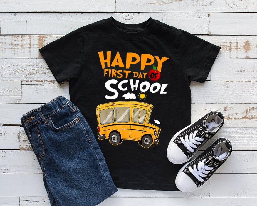Classic T-Shirt For Kids Happy First Day Of School Apple School Bus Printed Back To School Outfit For Boy Girl