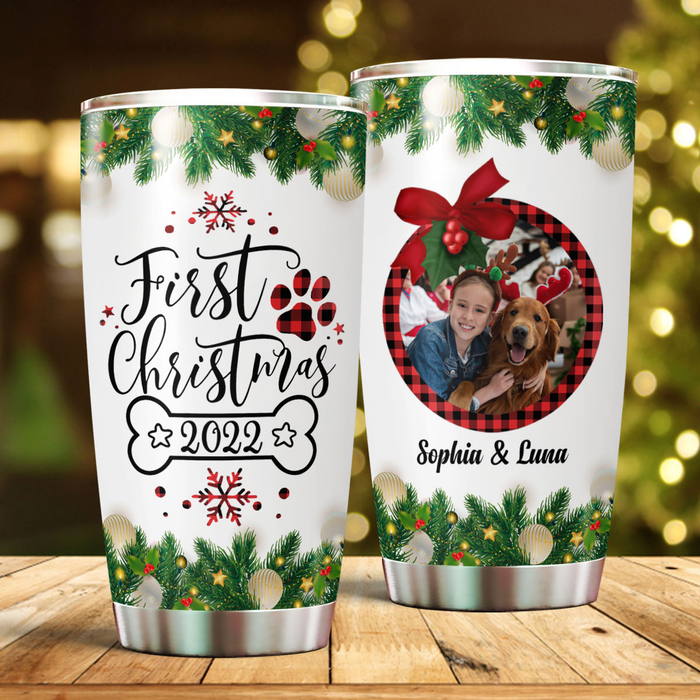 Personalized Tumbler For Dog Lover Red Plaid First Xmas Snowflakes Custom Name & Photo Travel Cup Gifts For Christmas
