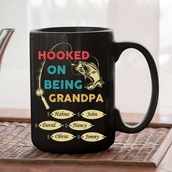 Personalized Ceramic Coffee Mug For My Grandpa Hooked On Being Vintage Fish Custom Grandkid's Name 11 15oz Cup