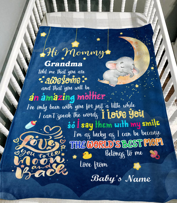 Personalized To My Mommy Blanket From Newborn Baby Grandma Told Me That You Are Awesome Cute Sleeping Elephant Printed