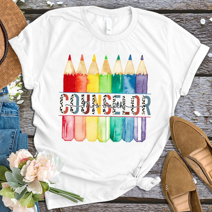Personalized T-Shirt For Teacher Appreciation Counselor Leopard Design Crayons Custom Name Shirt Back To School Gifts