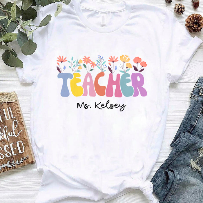 Personalized T-Shirt For Teachers Colorful Design Cute Flower Printed Custom Name Back To School Outfit