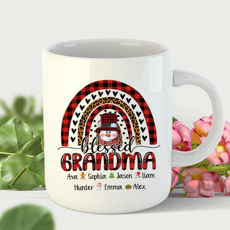 Personalized Coffee Mug Gifts For Grandma Rainbow Snowman Red Plaid Blessed Custom Grandkids Name Christmas White Cup