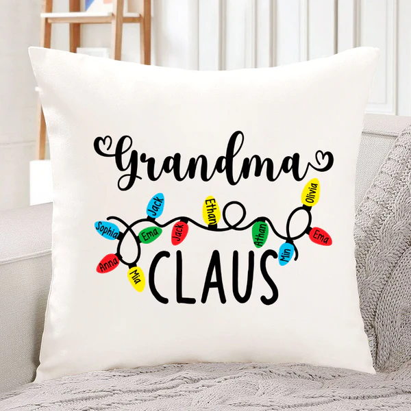 Personalized Square Pillow Gifts For Grandma Claus Christmas Lights Custom Grandkids Name Sofa Cushion For Birthday