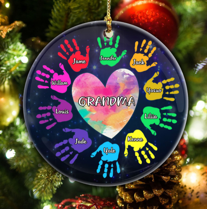 Personalized Ornament For Grandmother From Grandchild Heart Colorful Handprints Custom Name Gifts For Christmas Birthday