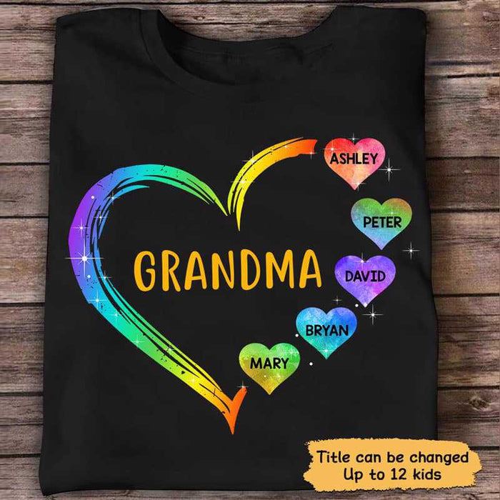 Personalized T-Shirt For Mom Grandma Colorful Heart Tie Dye Design Custom Grandkids Name Mother'S Day Shirt
