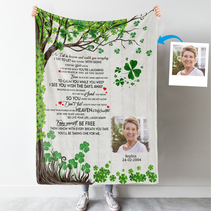 Personalized Memorial Blanket For Loss Of Family As I Sit In Heaven Clover Leaf Custom Name Photo Memorial Gifts