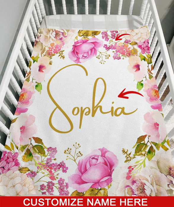 Personalized Simple Fleece Sherpa Blanket For Granddaughter Daughter Custom Name On Pink Beautiful Flower Printed