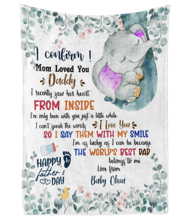 Personalized Blanket To My Dad From Baby Bump Happy First Father's Day Cute Baby Elephant & Flower Custom Name