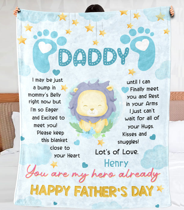 Personalized Fleece Sherpa Blanket From Baby Boy To First Time Dad Cute Lion I Just Can't Wait Custom Name Fathers Day