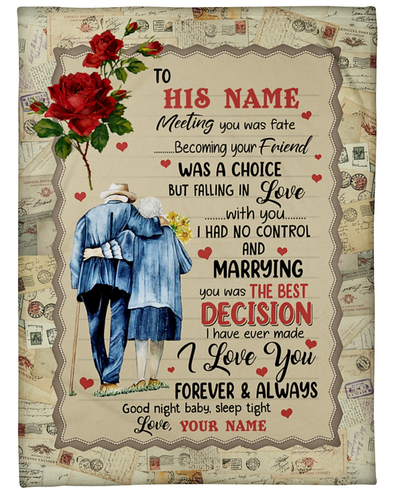 Personalized To My Husband Fleece Blanket Old Couple & Rose Printed I Love You Forever And Always Customized Blanket