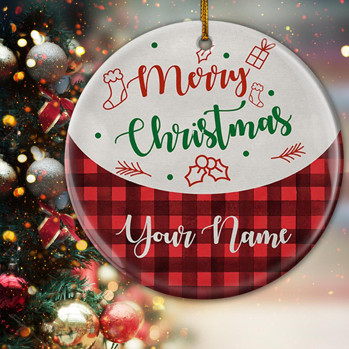 Personalized Circle Ornament Merry Christmas Red Buffalo Plaid Design With Sock Poinsettia Printed Custom Name