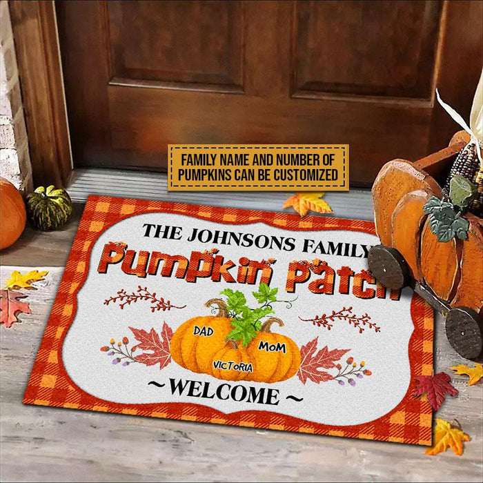 Personalized Welcome Doormat For Fall Lovers Pumpkin Patch Pumpkins Printed Plaid Design Custom Family Name & Member