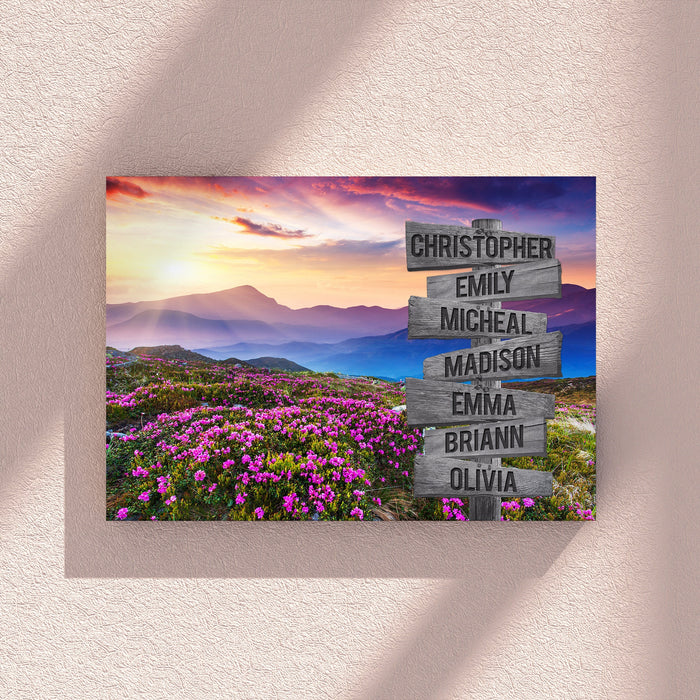 Personalized Canvas Wall Art Gifts For Family Pink Rhododendrons Sunset Mountain Custom Name Poster Prints Wall Decor