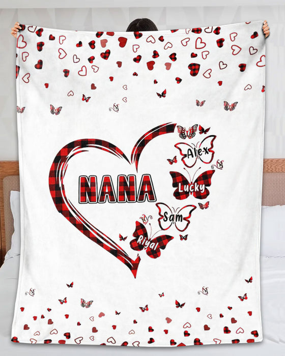 Personalized To My Grandma Blanket From Grandkids Heart Butterflies Red Plaid Printed Custom Name Gifts For Birthday