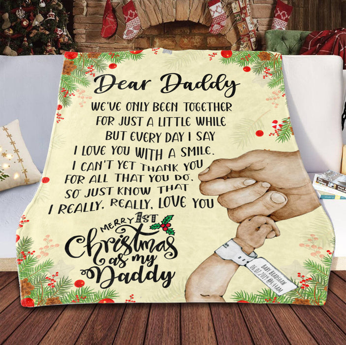 Personalized Blanket For New Dad From Kids I Love You With A Smile Holding Hand Custom Name Gifts For First Christmas
