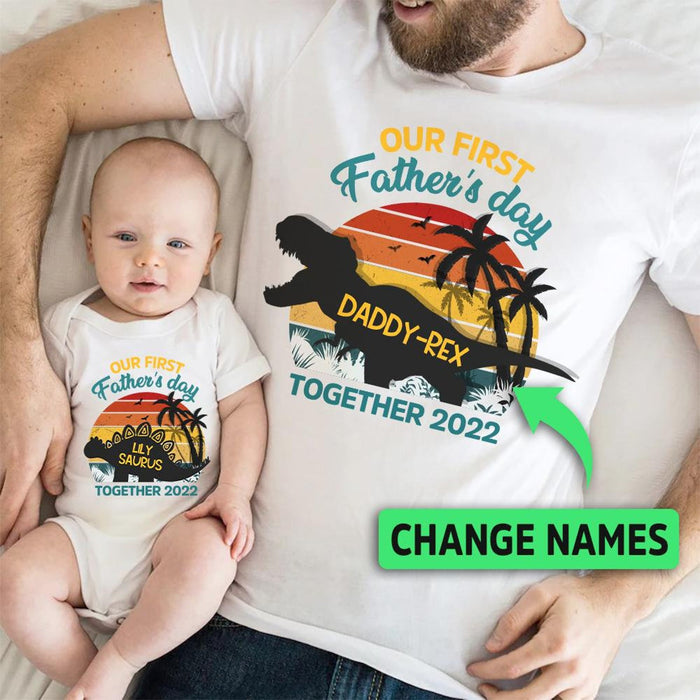 Personalized Matching T-Shirt & Baby Onesie Our First Father's Day Funny Dinosaur Printed Custom Name Daddy & Baby Set