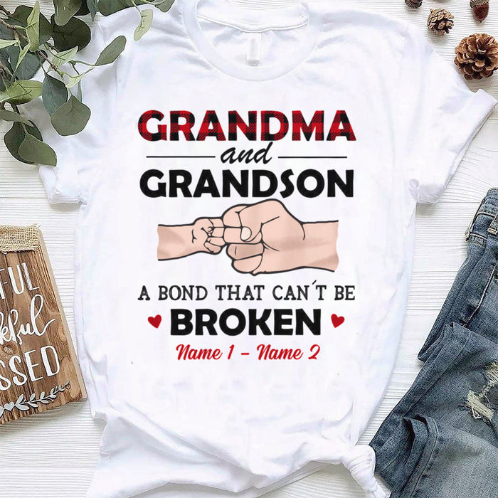 Personalized T-Shirt Grandma And Grandson Fist Bump And Plaid Design Cute Heart Printed Custom Grandkids Name