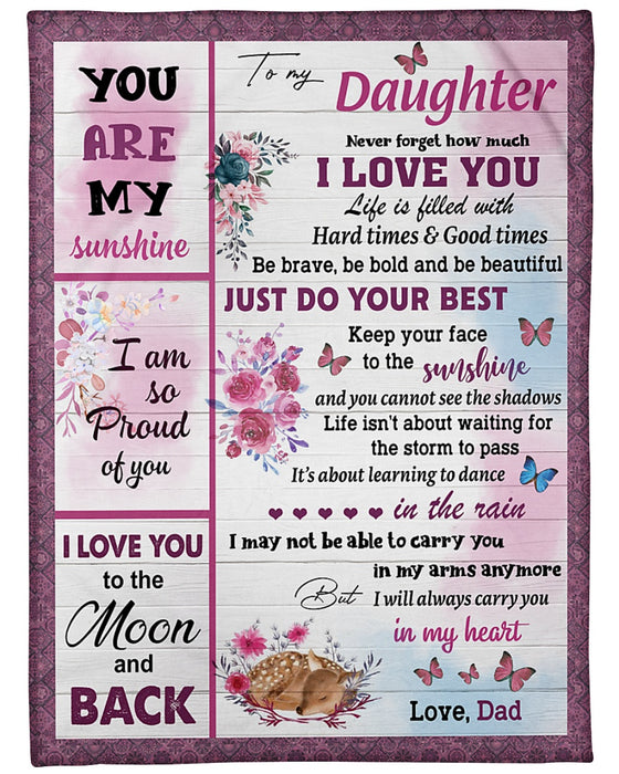 Personalized Blanket To My Daughter From Dad My Sunshine Deer & Butterfly Print Wooden Background Custom Name