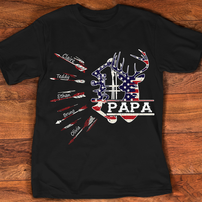 Personalized T-Shirt For Hunting Lovers Grandpa Papa Bow Hunting American Flag Custom Grandkids Name 4th July Shirt