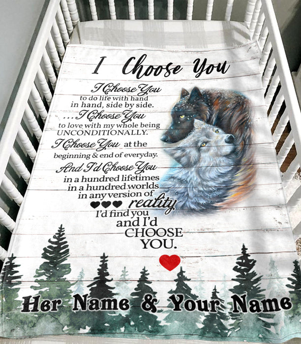 Personalized Blanket For Wife Husband I Choose You To Do Life With Hand In Hand Romantic Hugging Wolf Couple Printed