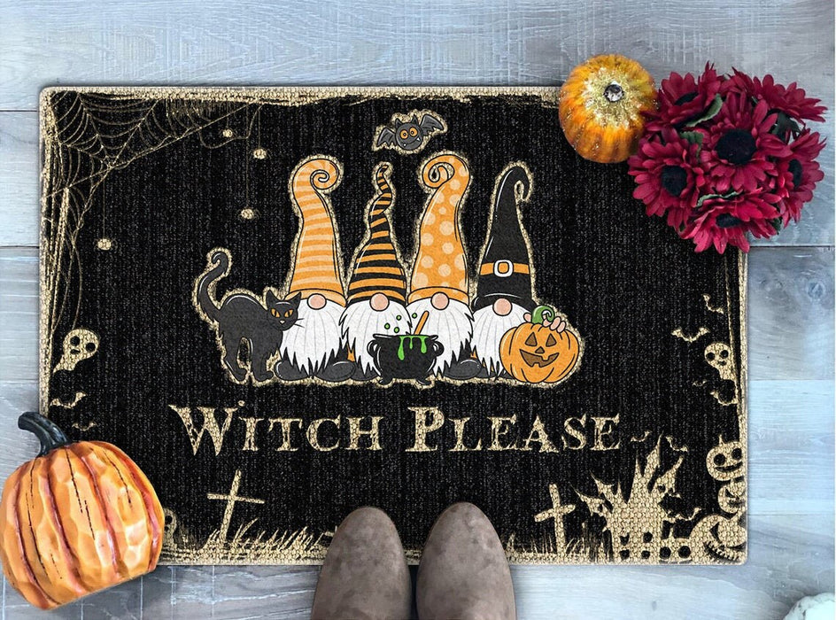 Welcome Doormat Witches Please Cute Witch Gnome With Black Stripe Polka Dot Hat And Pumpkin Ghost Grave Printed