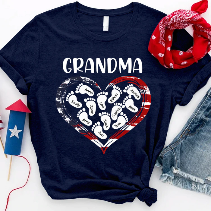 Personalized T-Shirt For Grandma Heart Print USA Flag & Footprint Design Custom Grandkids Name 4th Of July Shirt
