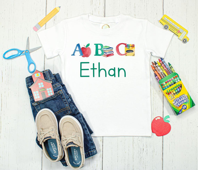 Personalized T-Shirt For Kids ABC Back To School Outfit Custom Name Notebook Crayon Printed Gift Ideas For Boy Girl