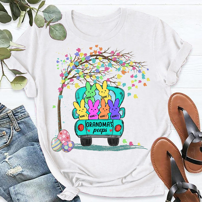 Personalized T-Shirt Grandma'S Peeps Cute Bunny Truck & Easter Egg Printed Custom Grandkids Name Easter Day Shirt