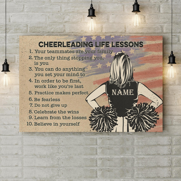 Personalized Cheerleading Life Lessons Canvas Poster For Cheerleader Print Woman & Us Flag Custom Name Rustic Design