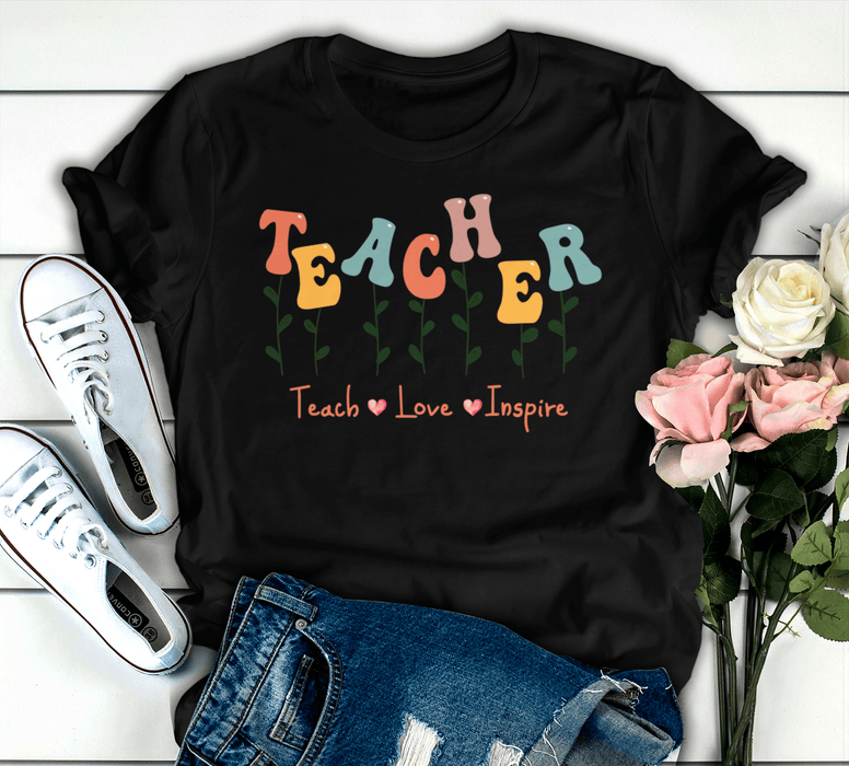 Personalized T-Shirt For Teachers Teach Love Inspire Colorful Design Custom Name Back To School Outfit