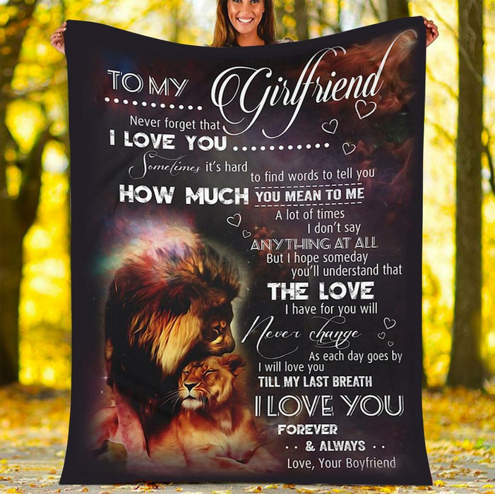 Personalized To My Girlfriend Fleece Blanket From Boyfriend Never Forget That I Love You Lion Couple Printed Art Design