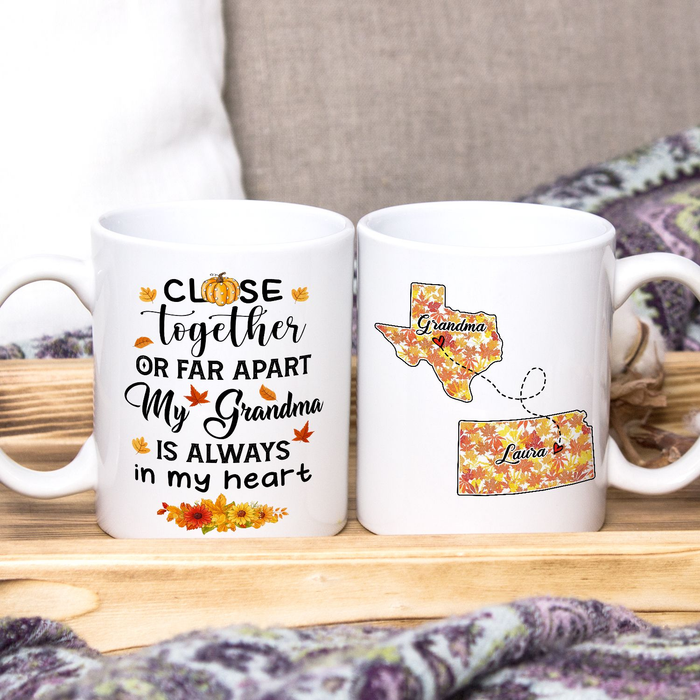 Personalized Ceramic Coffee Mug For Grandma Always In My Heart Autumn Flowers Custom Name And State 11 15oz Cup
