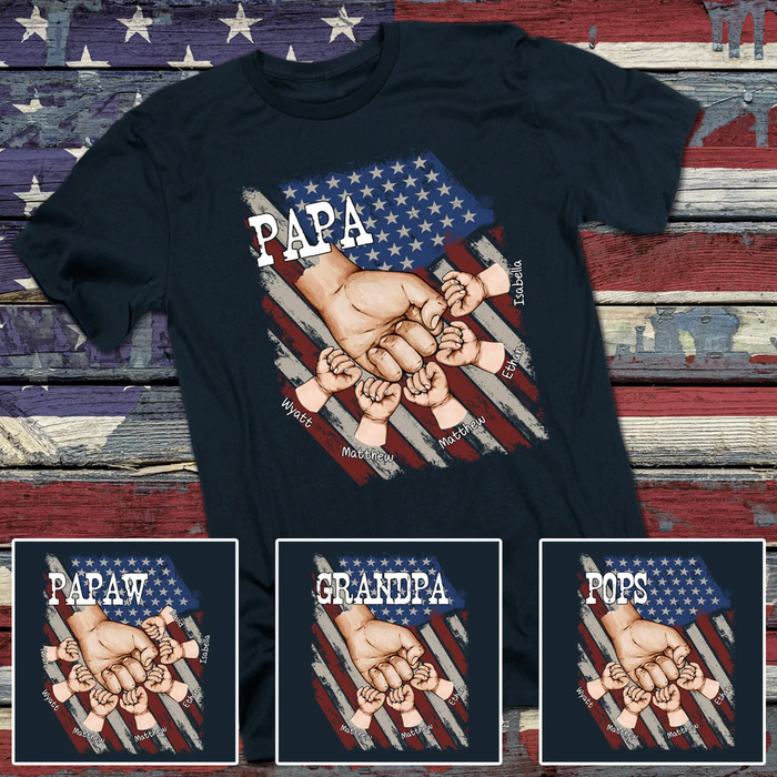 Personalized T-Shirt For Grandpa Vintage America Flag Fist Bump Custom Grandkids Name Independence Day Shirt
