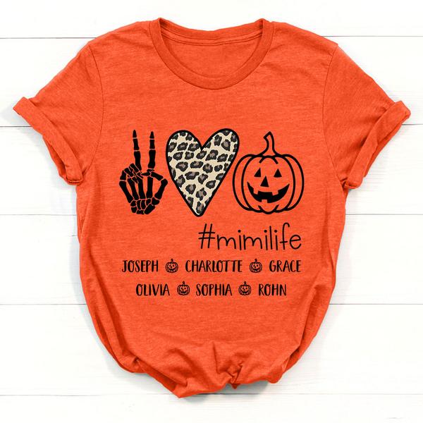 Personalized T-Shirt For Grandma Mimi Life Skeleton Hand Sign Leopard Heart Cute Pumpkin Printed Custom Grandkid's Name