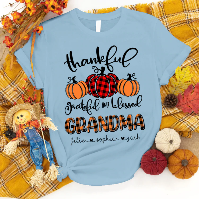 Personalized T-Shirt For Grandma Pumpkin Printed Plaid Design Custom Grandkid's Name Mother's Day Shirt
