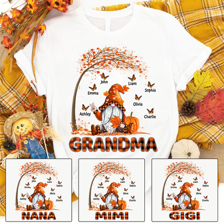 Personalized T-Shirt For Grandma Autumn Tree Pumpkin & Butterfly Print Custom Grandkid's Name Mother's Day Shirt