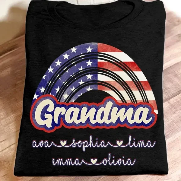 Personalized T-Shirt For Grandma Rainbow Printed USA Flag Design Custom Grandkids Name 4th July Day Shirt