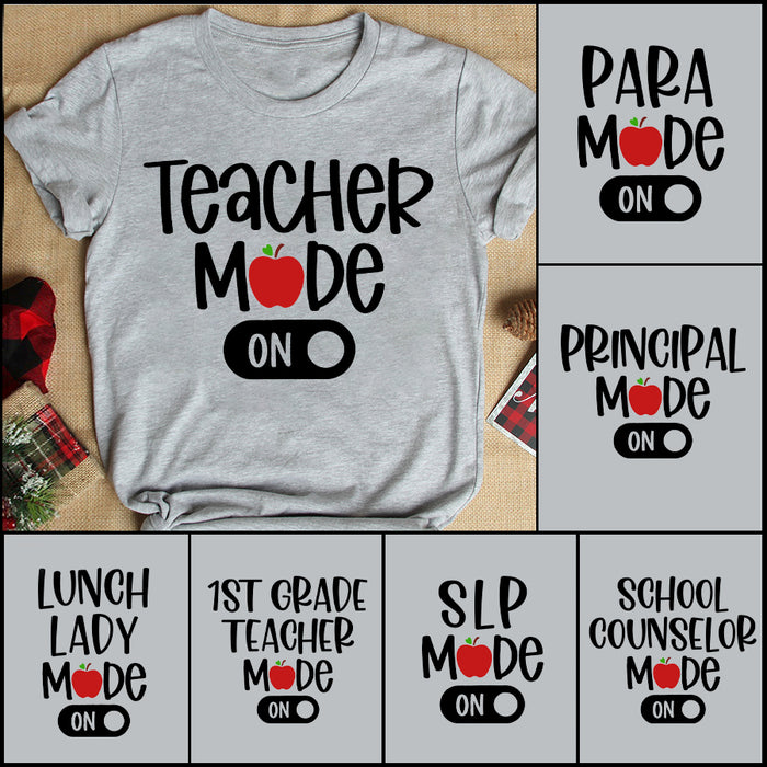 Personalized T-Shirt Teacher Mode On Red Apple Printed Custom Title Back To School Outfit For Principal Counselor