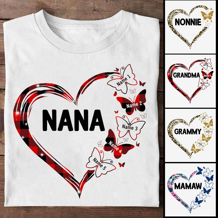 Personalized T-Shirt For Grandma Nana Heart & Butterfly Printed Red Black Plaid Design Custom Grandkid's Nameids Name