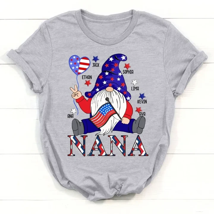 Personalized T-Shirt For Grandma Gnome With USA Flag Design Heart Print Custom Grandkids Name 4th July Day Shirt