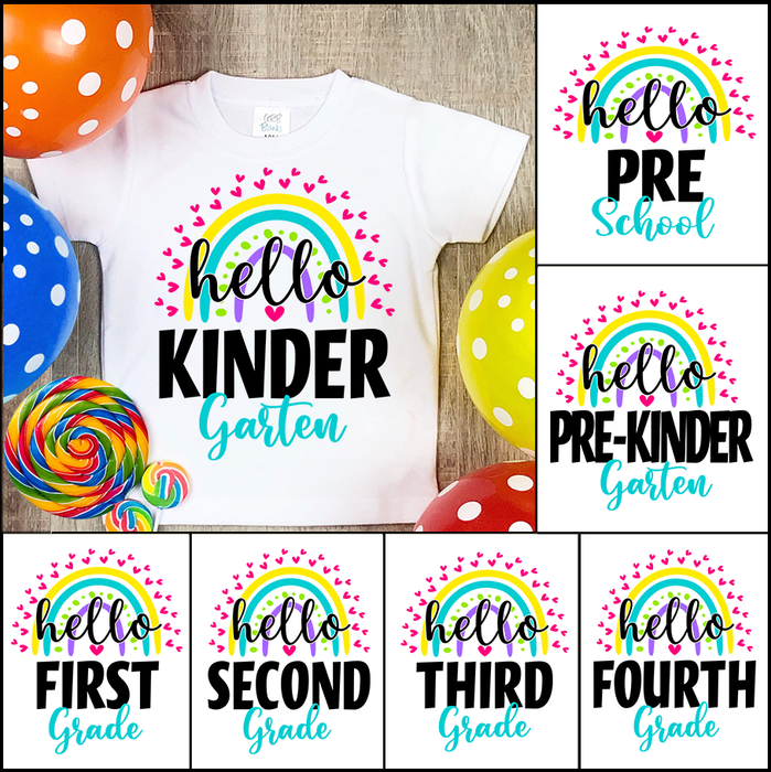 Personalized T-Shirt Hello Kindergarten Heart Rainbow Printed Color Design Custom Grade Level Back To School Outfit